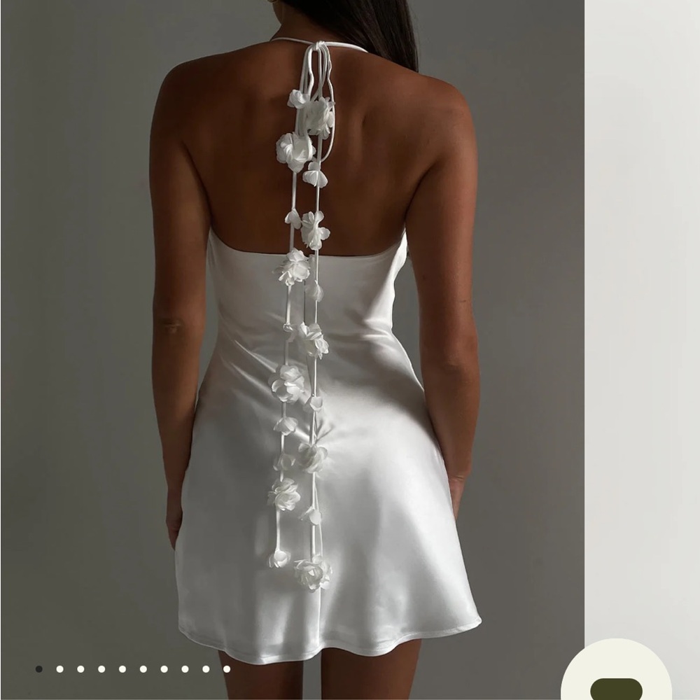 Meshki White Satin Halter Mini Dress with Floral Tie Back